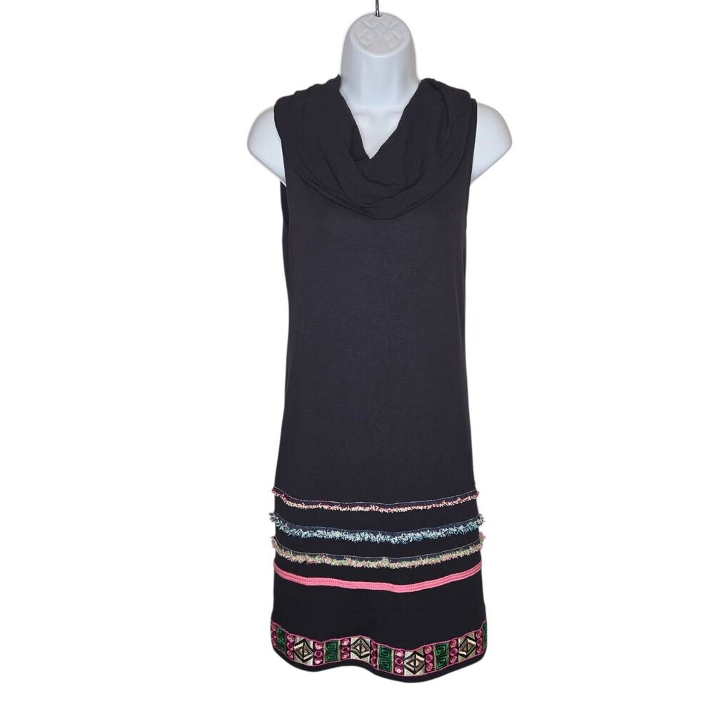 Desigual Navy Blue Cowl Neck Sleeveless Jersey Dress Fringe Embroidered Hem Size
